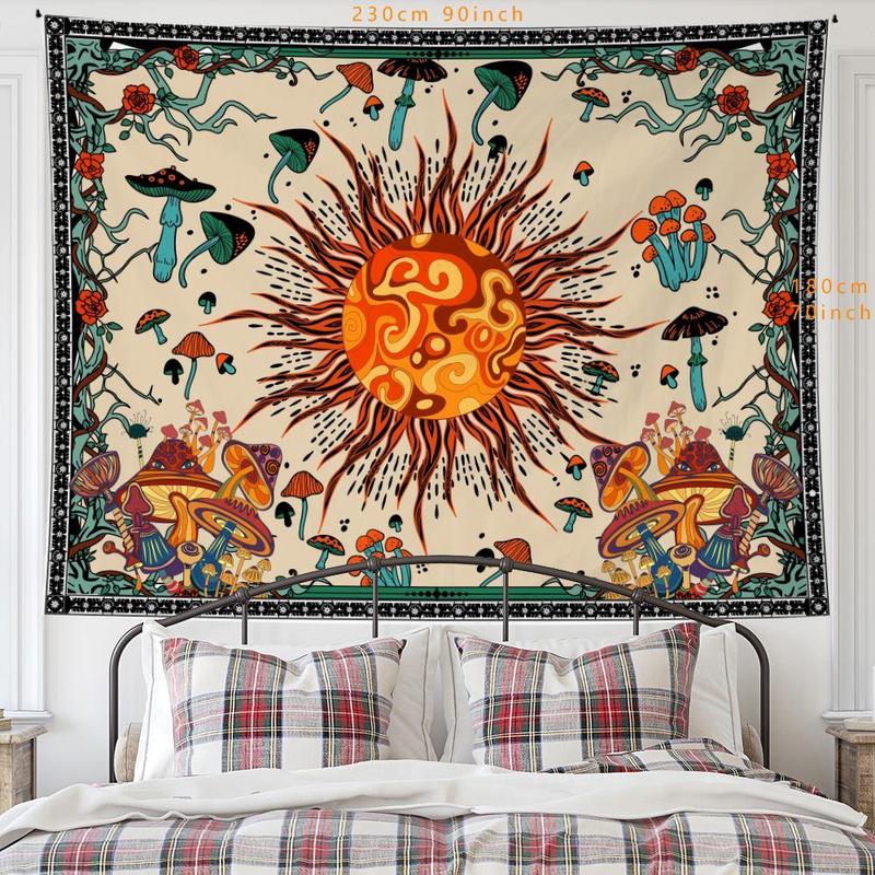 Sun & Mushroom Print Tapestry, Vintage Hanging Blanket, Wall Hanging Decor for Home Living Room Bedroom