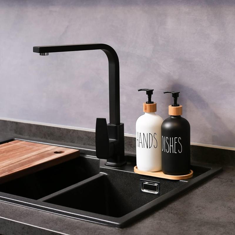 [Limited Time Deal]  Glass Soap Dispenser Set, Contains Hand Soap and Dish Soap Dispenser.Suitable for Kitchen Decor. (Black & White)