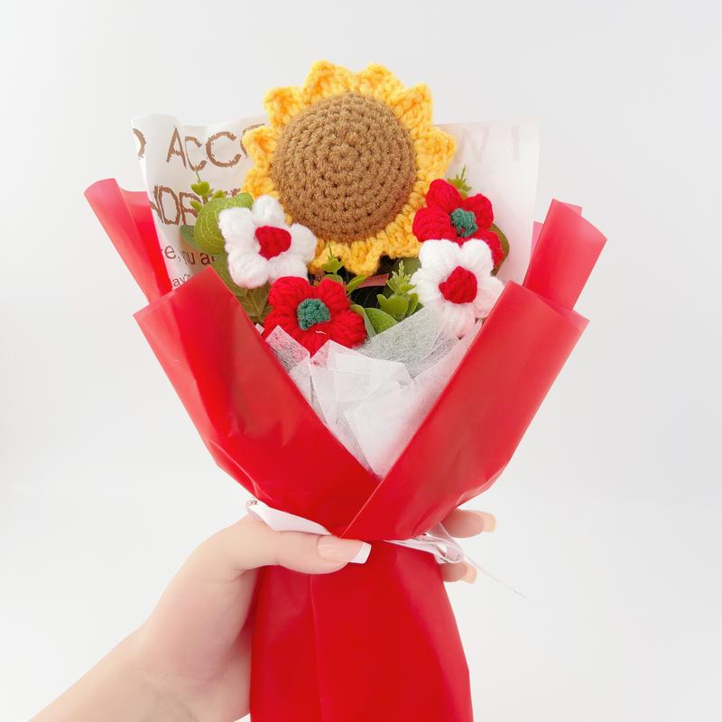 Crochet Flowers Bouquet Sunflower Exquisite Knitted Flower with Light Home Decoration Ornaments Decorative Wedding Birthday Gift for Mom Girlfriend