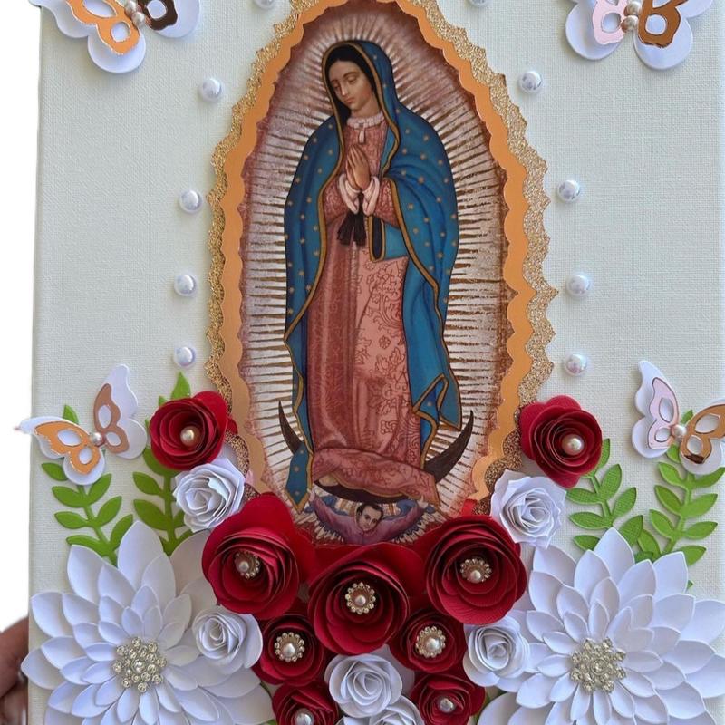 8x 10”  Custom Red & White Flower Canvas  Virgencita de Guadalupe Our Lady of Guadalupe Canvas with Handmade paper flowers. Wooden