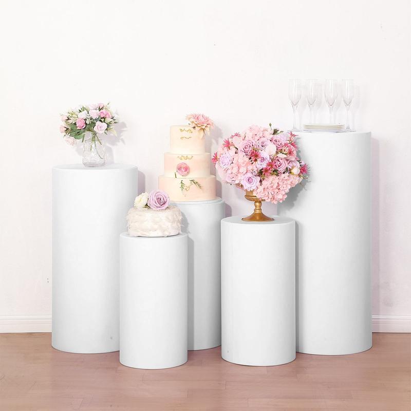 Set of 5 White Cylinder Stretch Fitted Pedestal Pillar Prop Covers, Spandex Plinth Display Box Stand Covers - 160 GSM