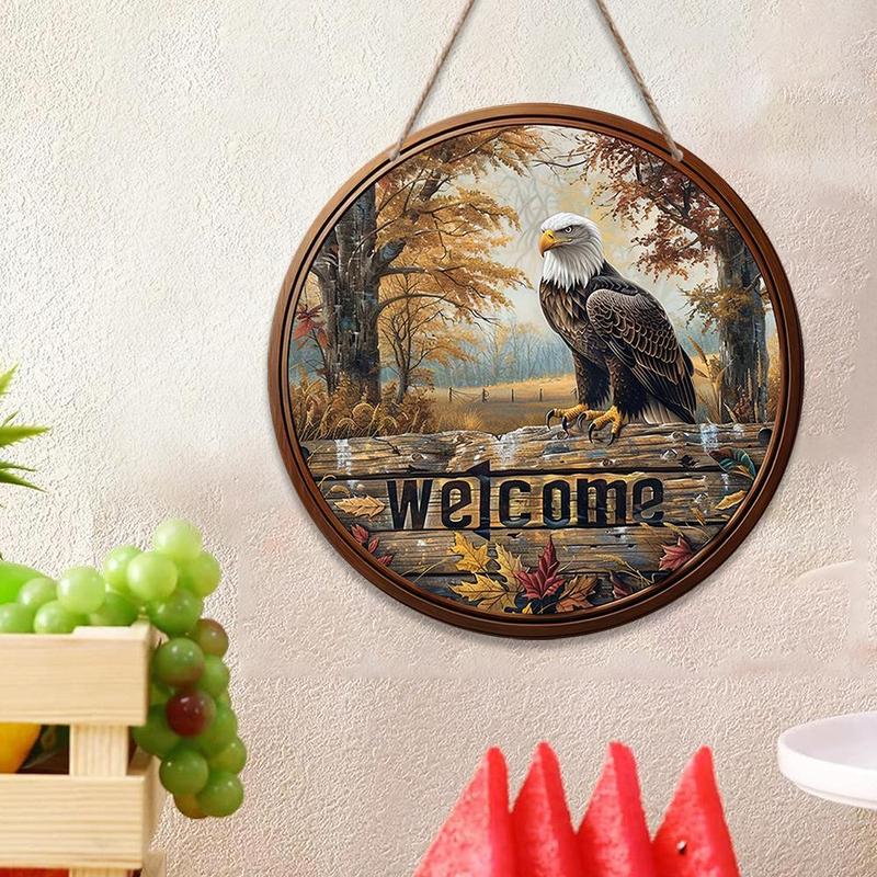 Vintage Wooden Eagle Forest Letter Pattern Round Plaque, 1 Count Welcome Home Decor Sign, Wall Hanging Decor for Home Living Room Bedroom