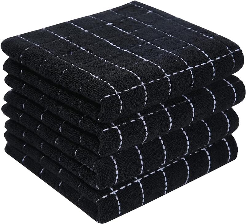 Cotton Terry Kitchen Towels(Black, 13 x 28 inches), Checkered Designed, Soft and Super Absorbent Dish Towels, 4 Pack