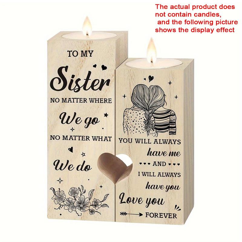 Wooden Heart Shaped Candle Holder, 1 Count Slogan Graphic Candle Holder without Candle, To My Sister Themed Pattern Decor Candle Holder, Home Decor, Gift for Sister