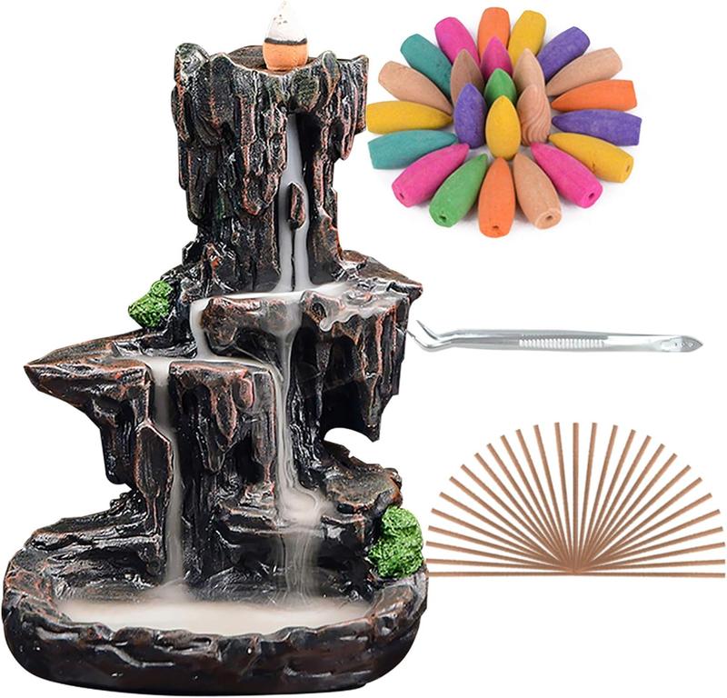 SPACEKEEPER Waterfall Monk Incense Burner Mountain Tower Incense Holders with 120 Backflow Incense Cones + 30 Incense Stick for Home Office Yoga Aromatcherapy Ornamen, Stone Brown