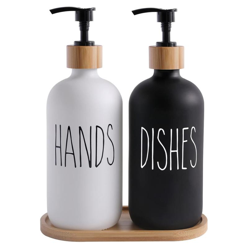 [Limited Time Deal]  Glass Soap Dispenser Set, Contains Hand Soap and Dish Soap Dispenser.Suitable for Kitchen Decor. (Black & White)