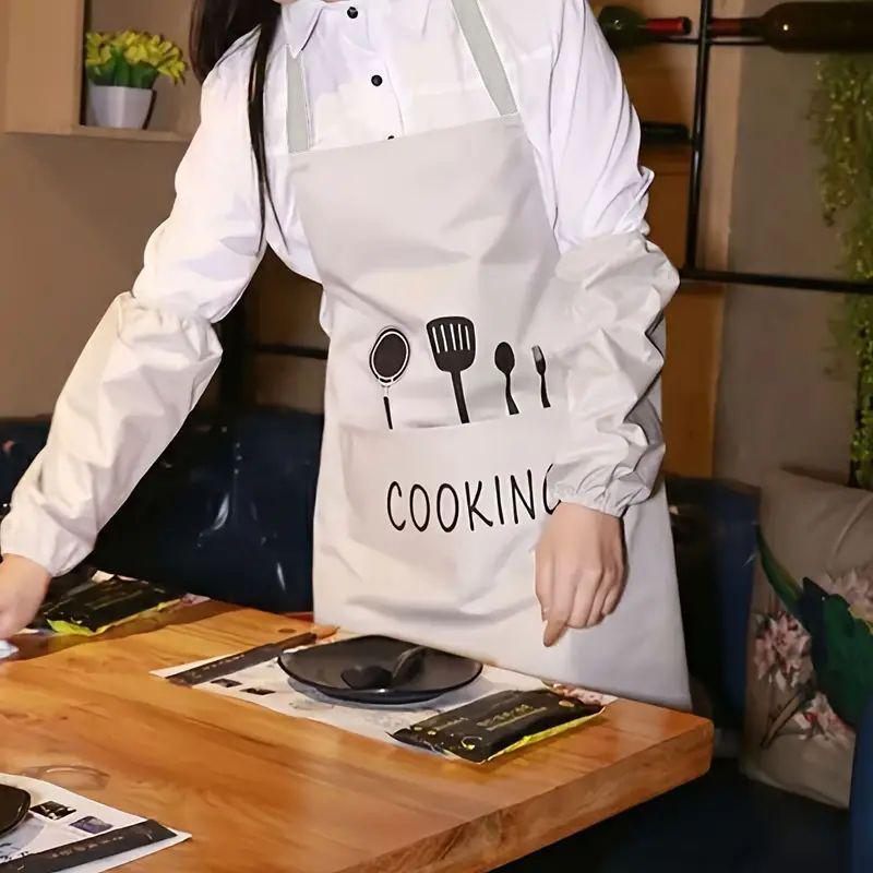 Cooking Utensils Pattern Apron, Waterproof & Oil-proof Cooking Apron with Pocket, Kitchen Household Cooking Apron