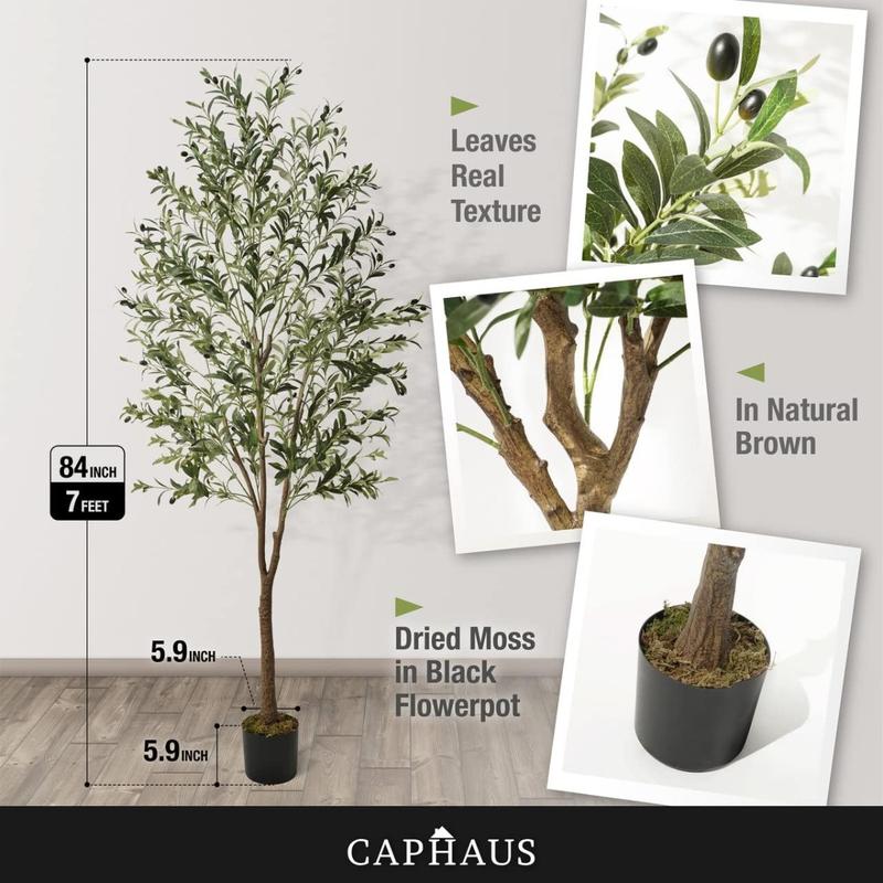 7 Feet, 84 Inch, Artificial Olive Tree, Faux Plant in Pot, Faux Olive Branch and Fruit, Fake Potted Topiary Tree with Dried Moss for Indoor Home Office Modern Housewarming Decoration Gift Decorative Box Decorative Box