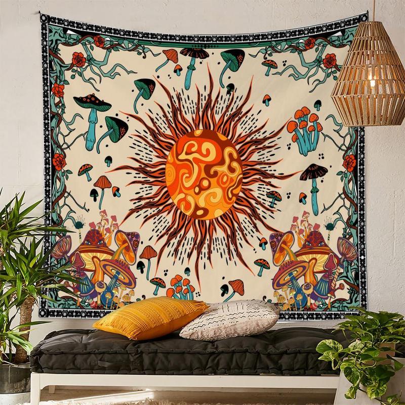 Sun & Mushroom Print Tapestry, Vintage Hanging Blanket, Wall Hanging Decor for Home Living Room Bedroom