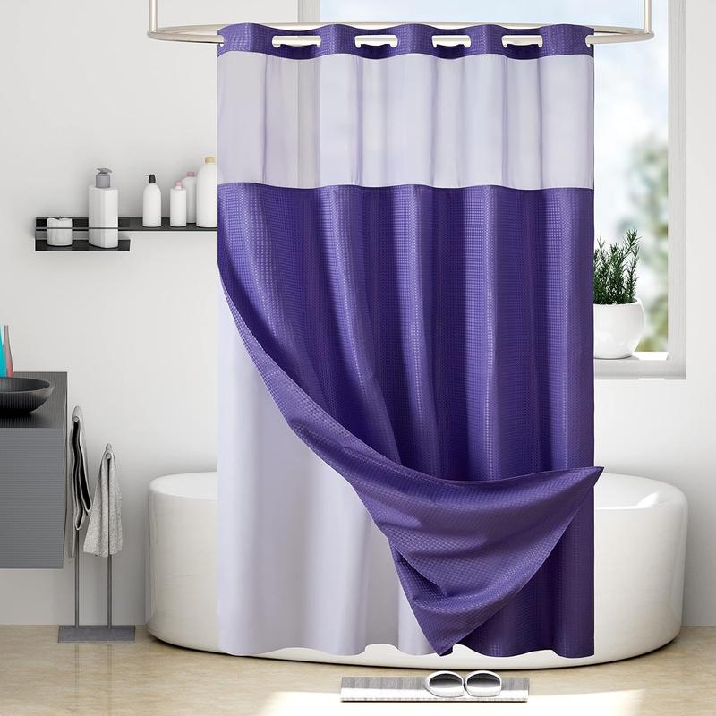 Waffle Weave No Hook Shower Curtain with Snap in Fabric Liner Set,Heavy Duty Textured Bathroom Curtain with See Through Window,Waterproof & Machine Washable,Hotel Style,Purple,71x75 Inch