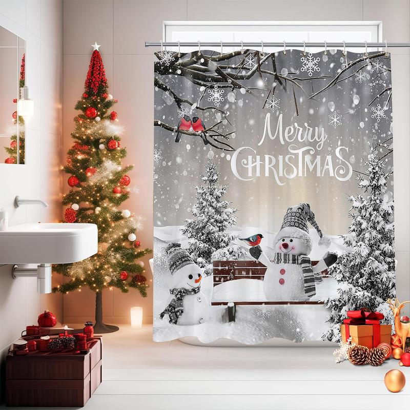 PAUSEBOLL Merry Christmas Winter Snowman Shower Curtain Xmas Tree Cardinal Bird Snowflake Holiday Bathroom Decor with Hooks 72 x 72 Inches