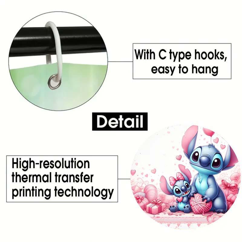 Cartoon Stitch & Heart Pattern Shower Curtain, 1 Count Waterproof Bathroom Curtain with Hooks, Bathroom Decor Supplies for Home Hotel Salon Dormitory