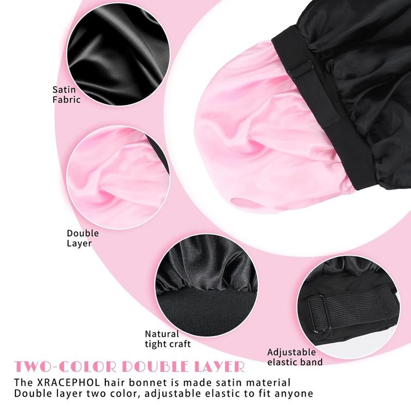 Silk Bonnet for Sleeping Double Layer Satin Bonnet Adjustable Bonnets for Black Women Sleep Cap Reversible Hair Bonnet for Curly Hair (Black and Pink)