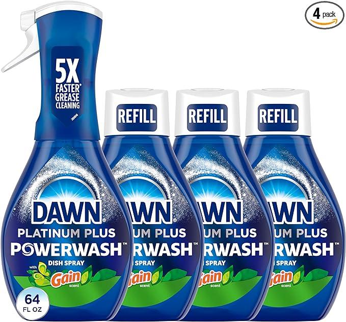 Powerwash Gain Original Dish Spray, Liquid Dish Soap 1 Starter Kit + 3 Refills, 64 Fl Oz