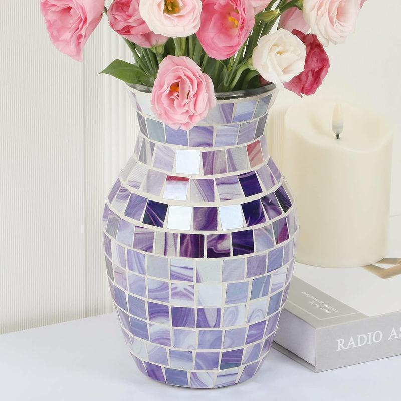 Purple Vase for Flower, Lavender Mosaic Glass Vases for Dried , Handmade Modern vases for Home Decor, Decorative Vase for Living Room, Kitchen, Wedding