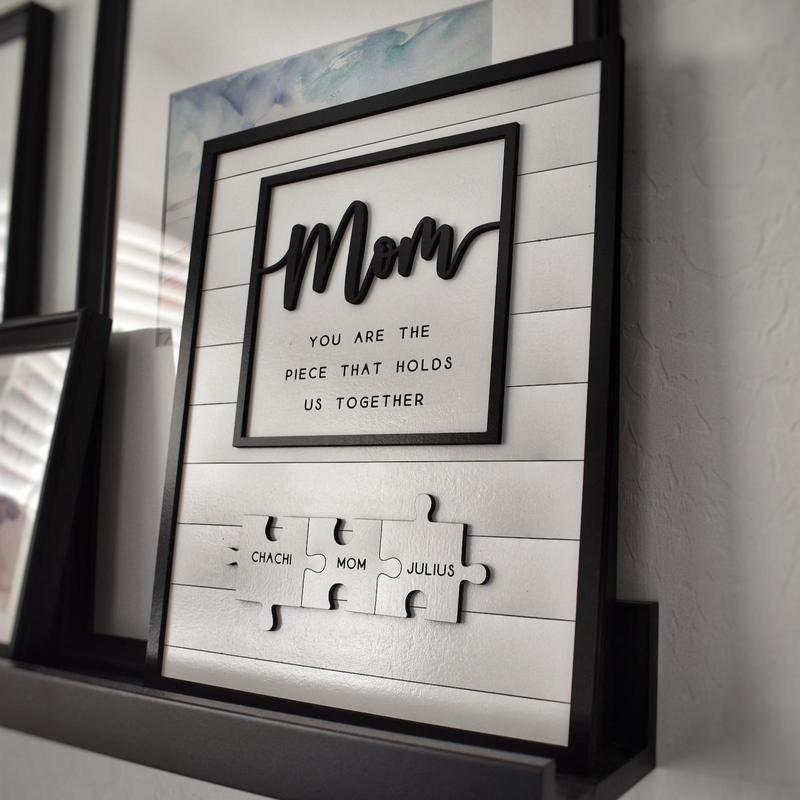 Engraved Mother's Day Sign Gift | Custom Mothers Day Puzzle Sign | Mom You are the Piece that holds us together | Mothers day gift | Personalized for Mom | You are the Piece that Holds us Together | Up to 16 Custom Engraved Puzzle Pieces Decor Frame