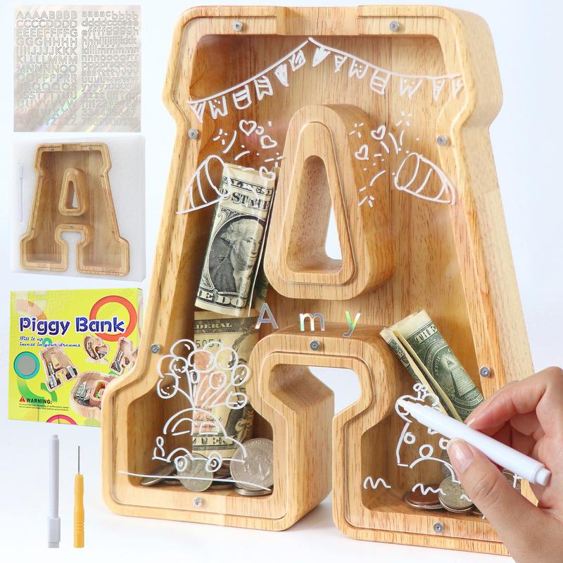 Large Letter Piggy Bank for Kids Boys Girls Wooden Personalized Piggy Banks A-Z with Target Area Clear Alphabet Banknote Coin Banks for Gift Decoration Baptism