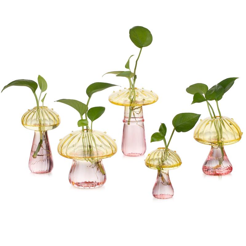 Mushroom Glass Vase, Set of 5 Colored Plant Propagation Station, Mini Terrarium for Plants, Unique Small Glass Vase for Flowers, Cute Hydroponic Indoor Planters Gifts for Women Room Decor for Christmas