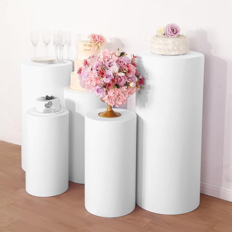 Set of 5 White Cylinder Stretch Fitted Pedestal Pillar Prop Covers, Spandex Plinth Display Box Stand Covers - 160 GSM