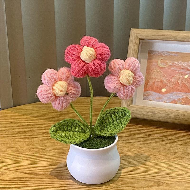 Artificial Flower Crochet, Handmade Woven Potted Home Decoration Knitted Simulation Flower, Yarn Crochet Flower Bouquet Gift