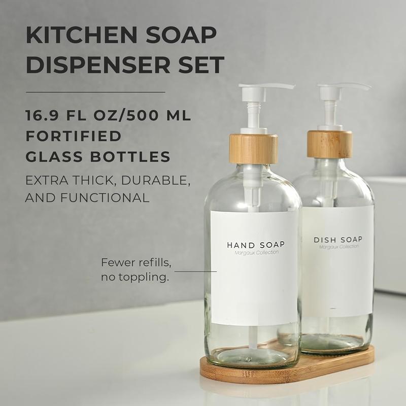 Kitchen Soap Dispenser Set - Glass Soap Dispenser with Pump - Clear  White Pump 16.9 fl oz - Bathroom Soap Dispenser Set of 2 - Soap and Lotion Dispenser Set with Tray