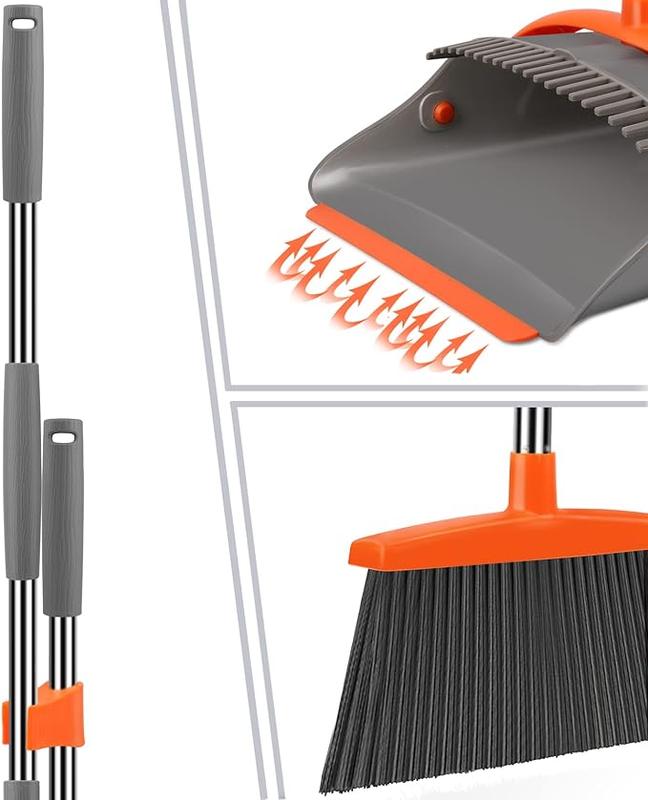 Broom and Dustpan Set for Home, Broom and Dustpan Combo for Office, Long Handled Broom with Upright Dust Disk, Indoor and Outdoor Cleaning (Gray and Orange)