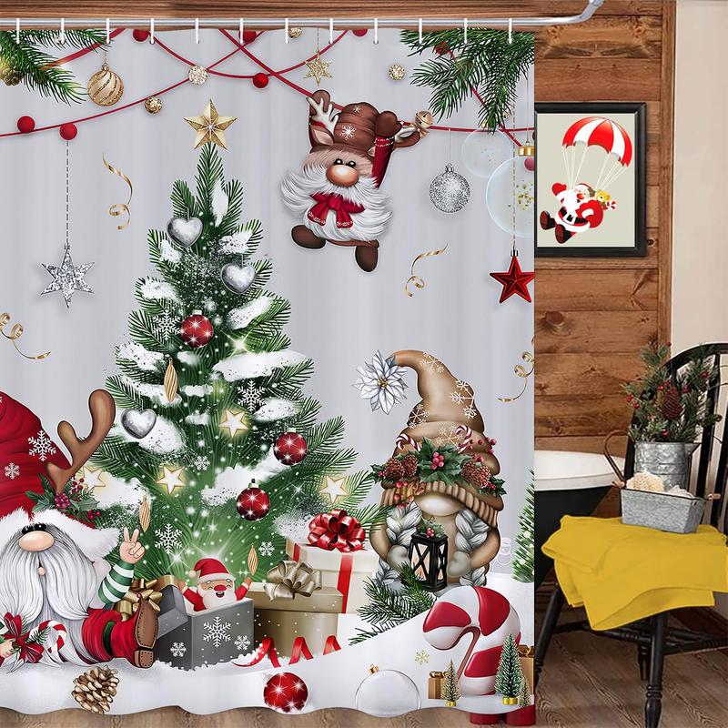 PAUSEBOLL Christmas Gnomes Shower Curtain Xmas Tree Balls Gift Boxes Winter Holiday Decorative Bath Curtain 72 x 72 Inch Polyester Fabric Waterproof Bathroom Curtain with 12 Hooks