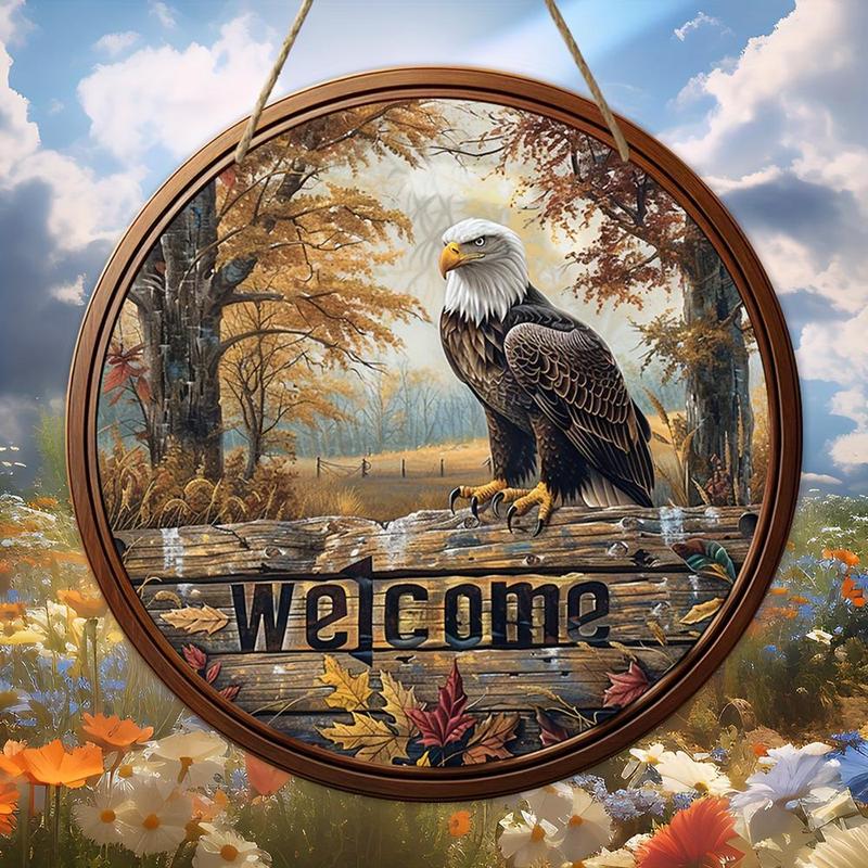 Vintage Wooden Eagle Forest Letter Pattern Round Plaque, 1 Count Welcome Home Decor Sign, Wall Hanging Decor for Home Living Room Bedroom