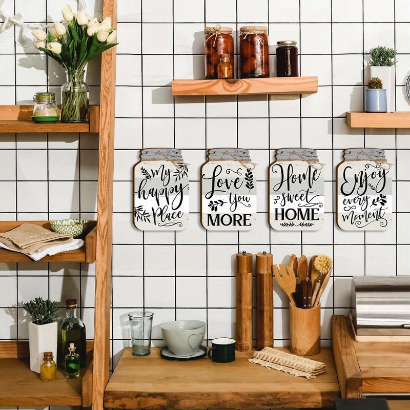 Mason Jar Design Wooden Country Wall Decor, 4 Counts set Leaves & Letter Pattern Farmhouse Kitchen Wall Art with Twine, Home Decor for Kitchen & Living Room