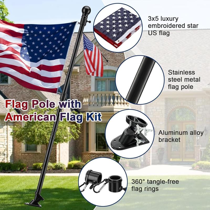 SHEPHOOK Flag Pole Kit Banners Gift-Includes Heavy Duty Tangle Free Flagpole,3*5 Embroidered US Flag,Steel Holder Bracket,for Outside,Porch,Garage