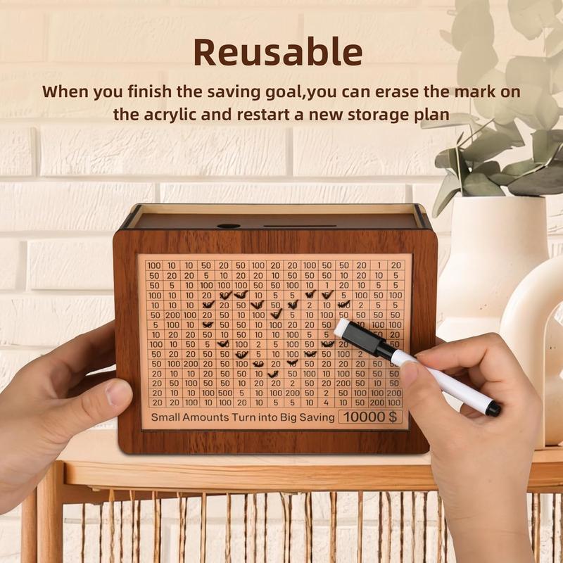 10000 Kakeibo Wooden Money Saving Challenge Box Cash Vault Piggy Bank for Adults Kids Savings Goals Smash Box Saver