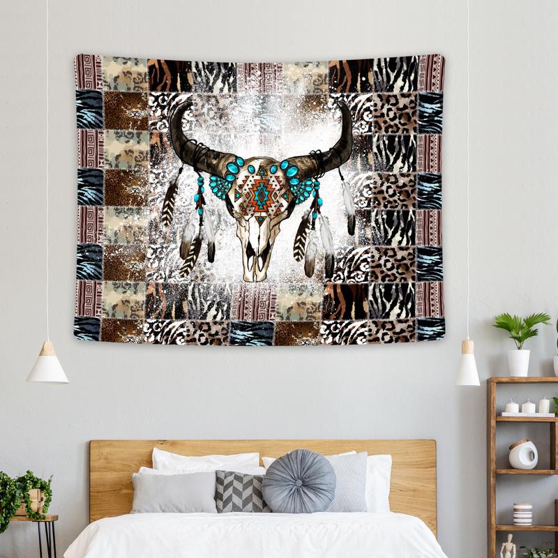 Bull Head Pattern Tapestry, 1 Count Wall Hanging Tapestry, Wall Art Decor for Home Living Room Bedroom, Summer Gift Ideas