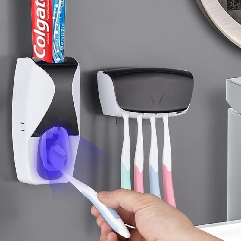 Wall-Mounted Automatic Toothbrush Dispenser with Toothpaste Squeezer and Holder Set for Family Bathroom Use (Black)