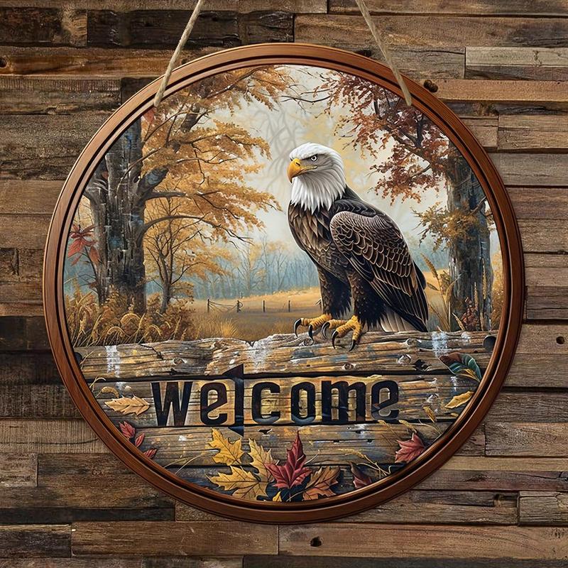 Vintage Wooden Eagle Forest Letter Pattern Round Plaque, 1 Count Welcome Home Decor Sign, Wall Hanging Decor for Home Living Room Bedroom