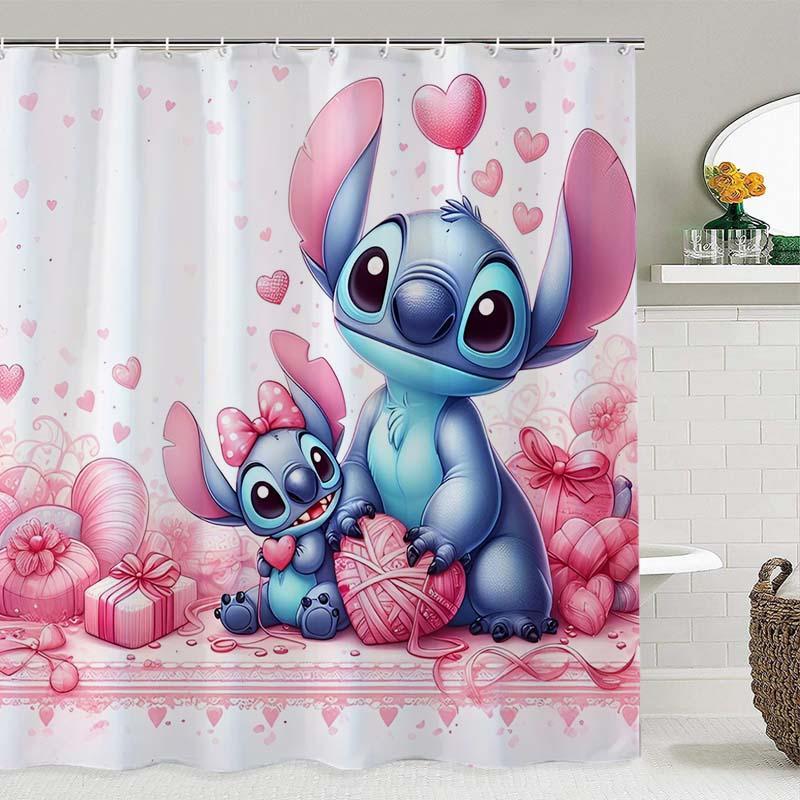 Cartoon Stitch & Heart Pattern Shower Curtain, 1 Count Waterproof Bathroom Curtain with Hooks, Bathroom Decor Supplies for Home Hotel Salon Dormitory