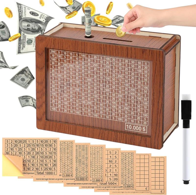 Retro Cash Money Saving Box,Wooden Money Box with Money Target and Numbers-Challenge your willpower and control over money,Savings Challenges Money Box with Counter,Cash Savings Box,Cash Saver Box,Piggy Bank for Savings Goal Decor Ornaments