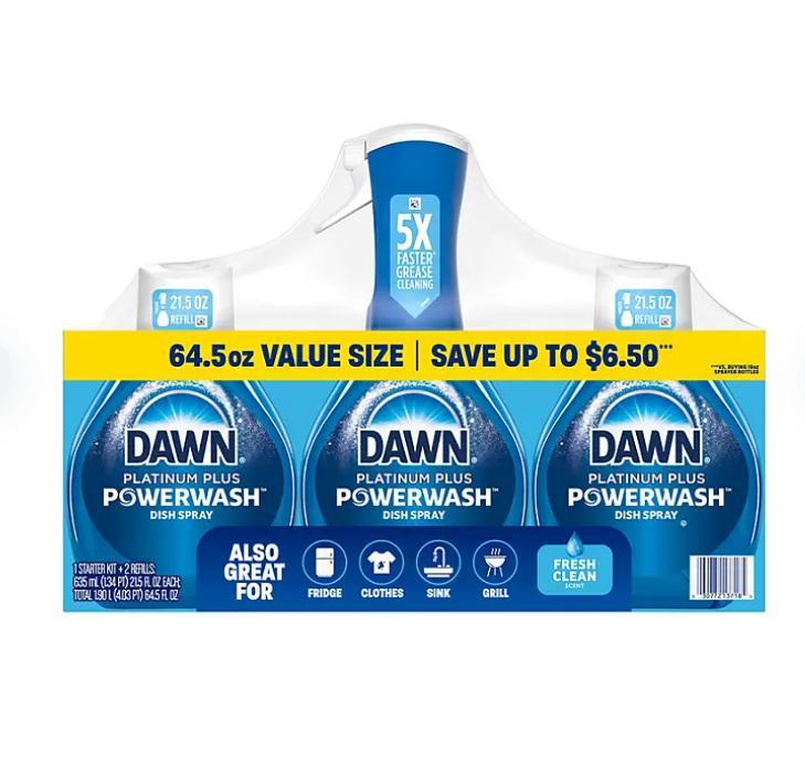 Dawn Platinum Plus Powerwash Dish Spray Bottle Set, Fresh Scent, 1 Spray Bottle + 2 Refills, 64.5 fl. oz.