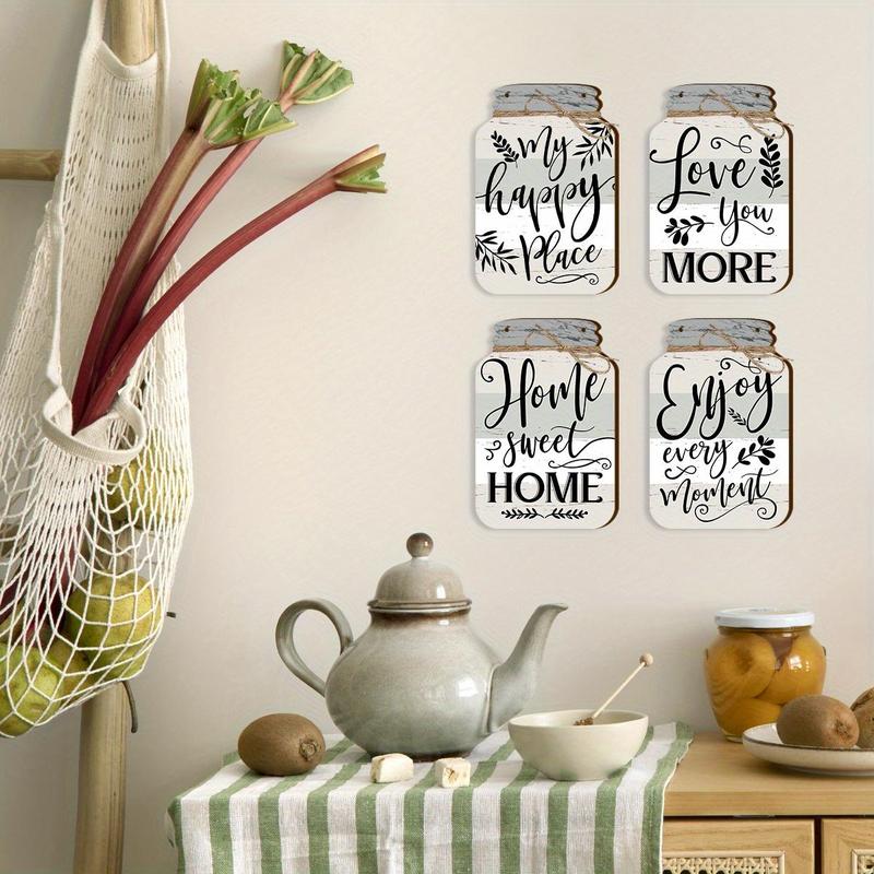 Mason Jar Design Wooden Country Wall Decor, 4 Counts set Leaves & Letter Pattern Farmhouse Kitchen Wall Art with Twine, Home Decor for Kitchen & Living Room