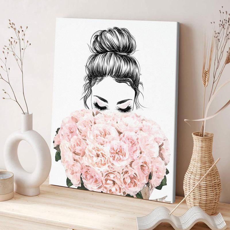 Figure & Flower Pattern Canvas Painting with Frame, 1 Count Modern Simple Wall Art Painting, Wall Art Decor for Home Living Room Bedroom Office