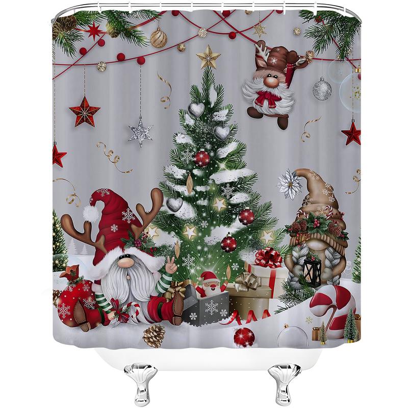 PAUSEBOLL Christmas Gnomes Shower Curtain Xmas Tree Balls Gift Boxes Winter Holiday Decorative Bath Curtain 72 x 72 Inch Polyester Fabric Waterproof Bathroom Curtain with 12 Hooks