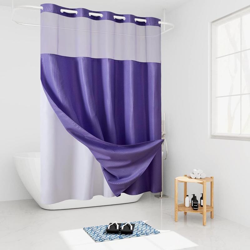 Waffle Weave No Hook Shower Curtain with Snap in Fabric Liner Set,Heavy Duty Textured Bathroom Curtain with See Through Window,Waterproof & Machine Washable,Hotel Style,Purple,71x75 Inch