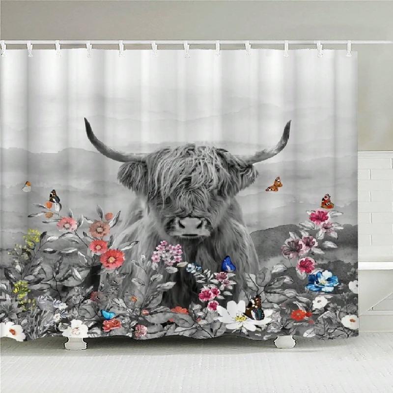 Waterproof Cow Print Shower Curtain, 1 Count Foldable Bathroom Curtain, Adjustable Shower Curtain with Hooks, Stocking Stuffers Bathroom Decor, Summer Bathroom Accessories, Home Decor, Bathroom Decor Set