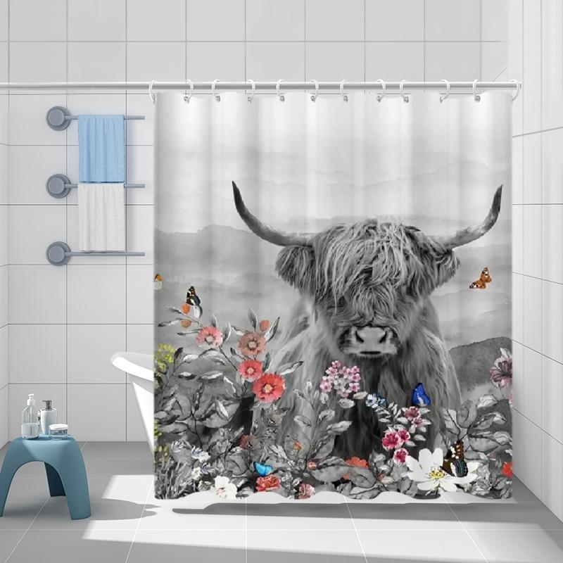 Waterproof Cow Print Shower Curtain, 1 Count Foldable Bathroom Curtain, Adjustable Shower Curtain with Hooks, Stocking Stuffers Bathroom Decor, Summer Bathroom Accessories, Home Decor, Bathroom Decor Set