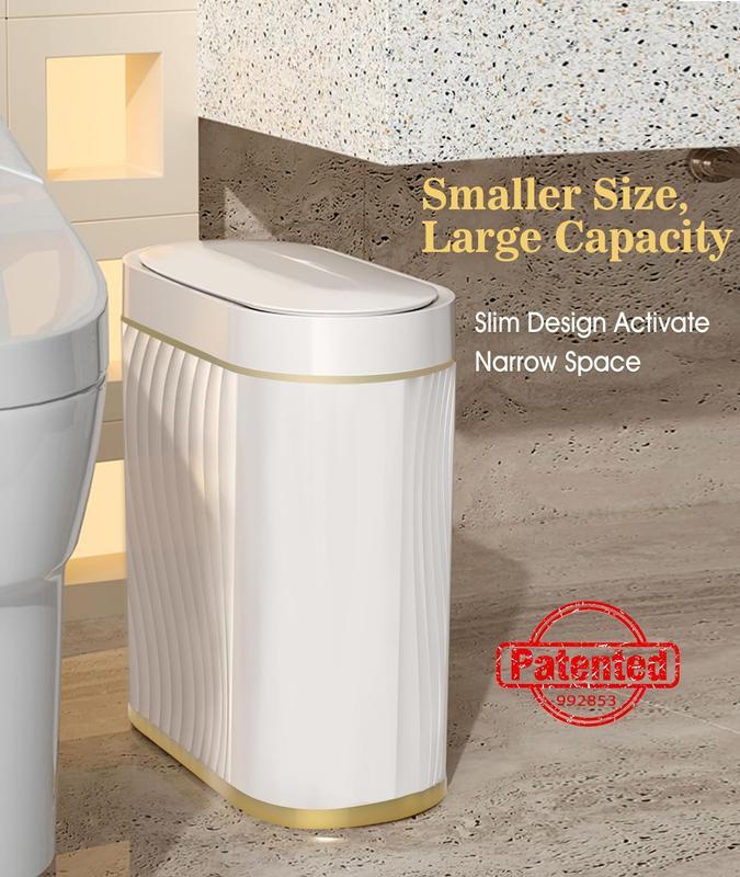 Bathroom Trash Can with Lid Automatic Garbage Can, 2 Gallon Slim Smart Trash Can, Small Plastic Trash Bin, Touchless Motion Sensor Trash Can for Bedroom, Bathroom, Office (Cream Gold Trim)