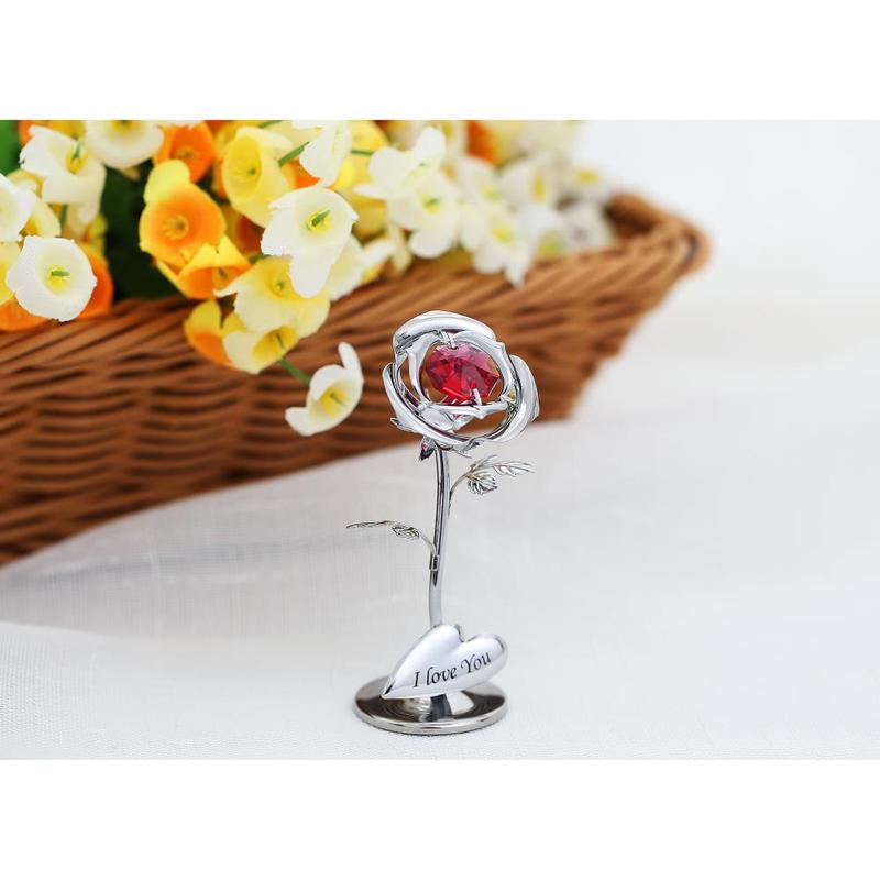 Matashi Gift for Her I Love You Inscribed Rose Flower - Decorative Gift for Christmas, Mother's Day, Birthday, Anniversary, Valentine's Day - Premium Silver Chrome Plated Flower Ornament w  Red Colorful Crystals, Home Decor Ornament with Boxes