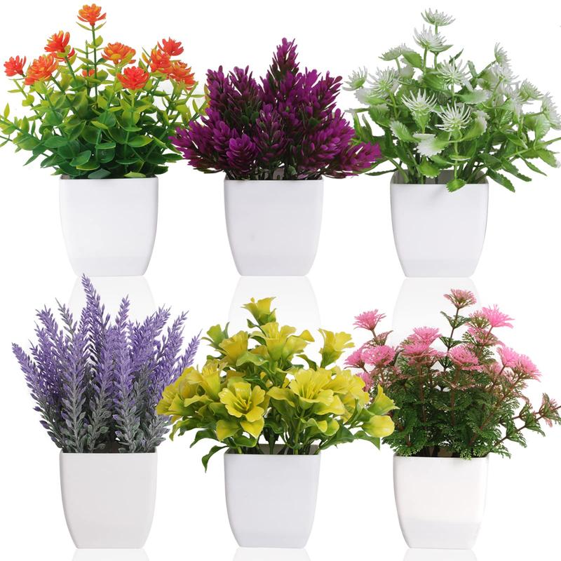 Multicolor Artificial Potted Plant for Room Decor, 6 Counts Faux Decorative Flowers, Colorful Trendy Fake Flower, Summer Desktop Decoration for Home Garden Windowsill