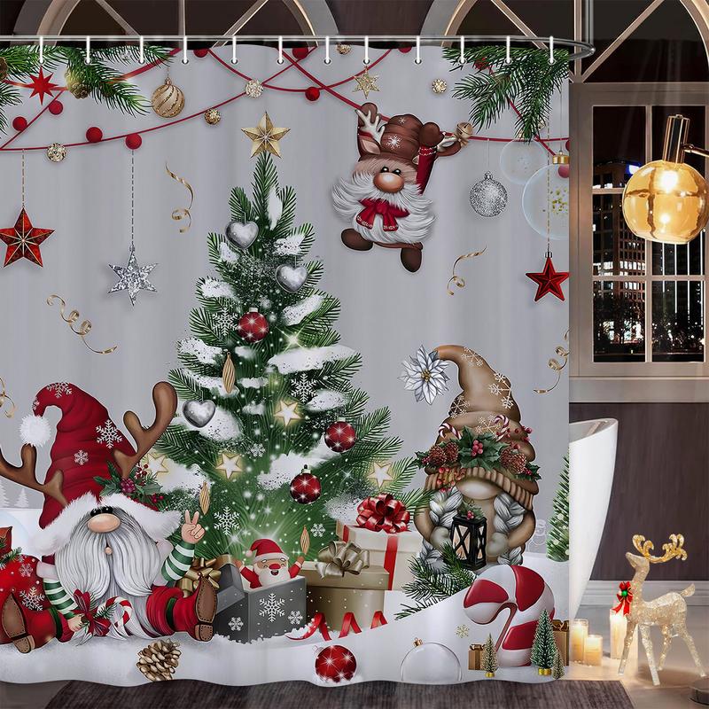 PAUSEBOLL Christmas Gnomes Shower Curtain Xmas Tree Balls Gift Boxes Winter Holiday Decorative Bath Curtain 72 x 72 Inch Polyester Fabric Waterproof Bathroom Curtain with 12 Hooks