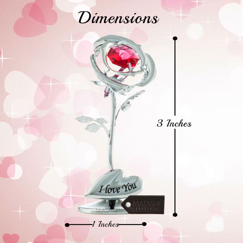 Matashi Gift for Her I Love You Inscribed Rose Flower - Decorative Gift for Christmas, Mother's Day, Birthday, Anniversary, Valentine's Day - Premium Silver Chrome Plated Flower Ornament w  Red Colorful Crystals, Home Decor Ornament with Boxes