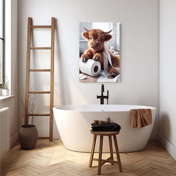 Charming Highland Cow Canvas Art Print poster, Frameless Bathroom Wall Decor , Cute Animal Print for Modern Home & Office(Frameless)