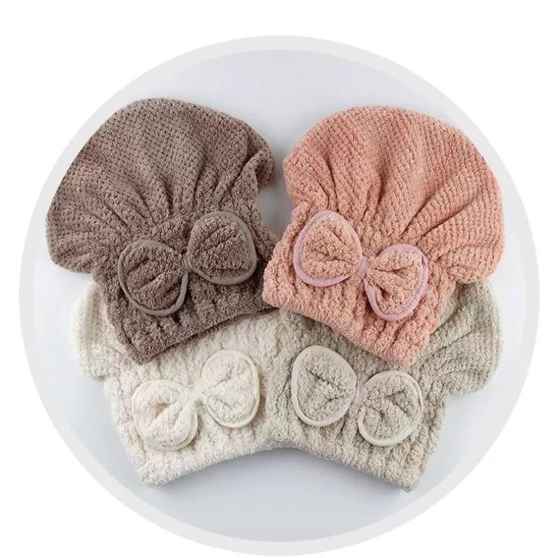 Cute Bow Decor Hair Drying Cap, 4pcs Absorbent Hair Drying Bonnet, Quick Dry Hair Turban for Women & Girls, Bathroom Supplies